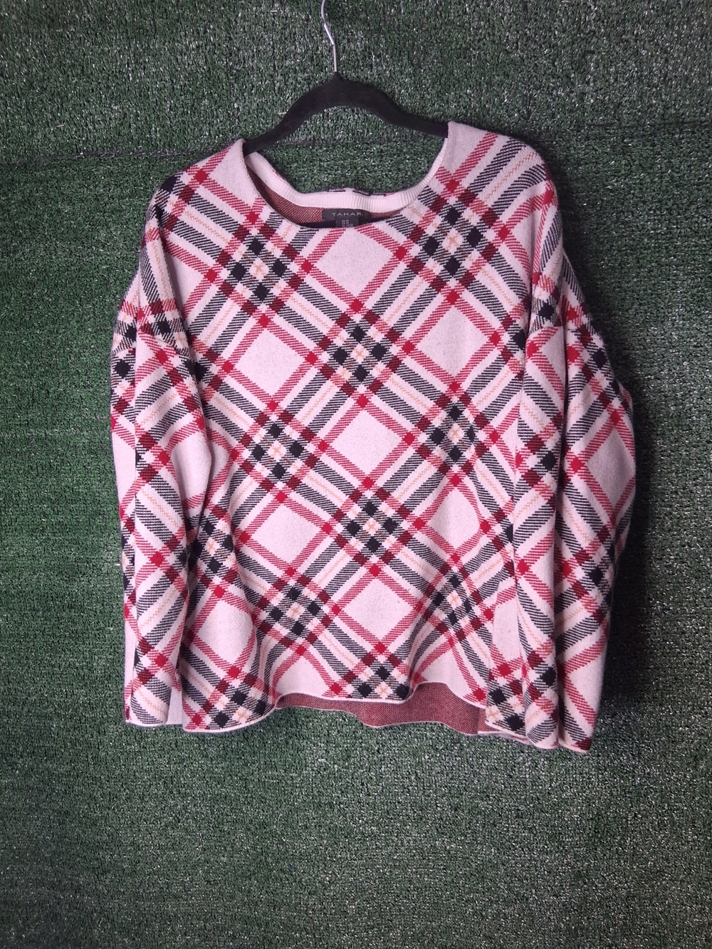 Tahari Pink Plaid Crewneck Sweater with Red and Black Accents